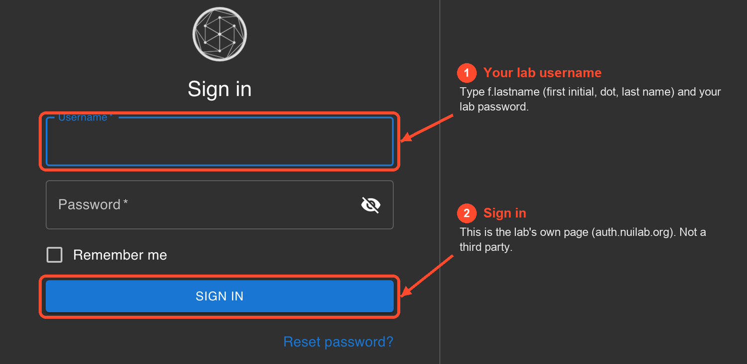 The lab sign-in page at auth.nuilab.org: enter your lab username and password, then Sign in.