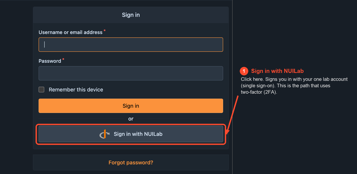 The git.nuilab.org sign-in page, with the &ldquo;Sign in with NUILab&rdquo; button highlighted.