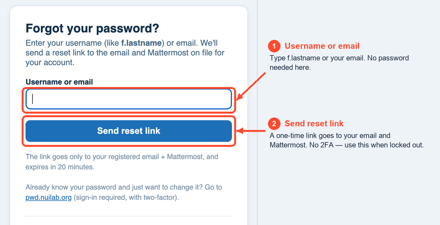 The reset.nuilab.org page: type your username or email, then Send reset link.